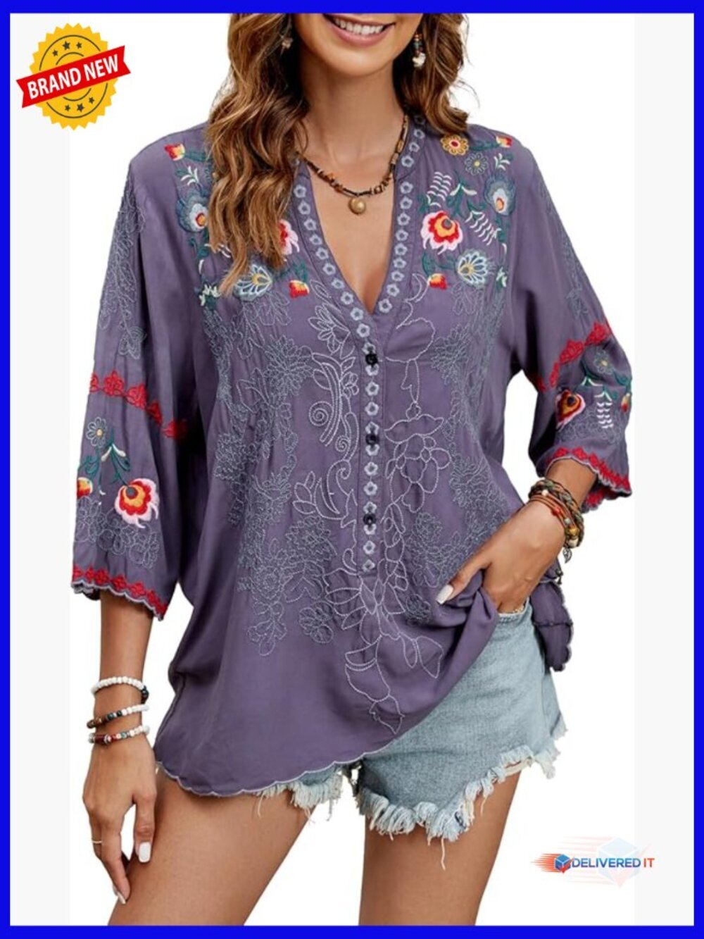 Embroidered Peasant Tunic 3/4 Sleeve V-Neck Boho Blouse